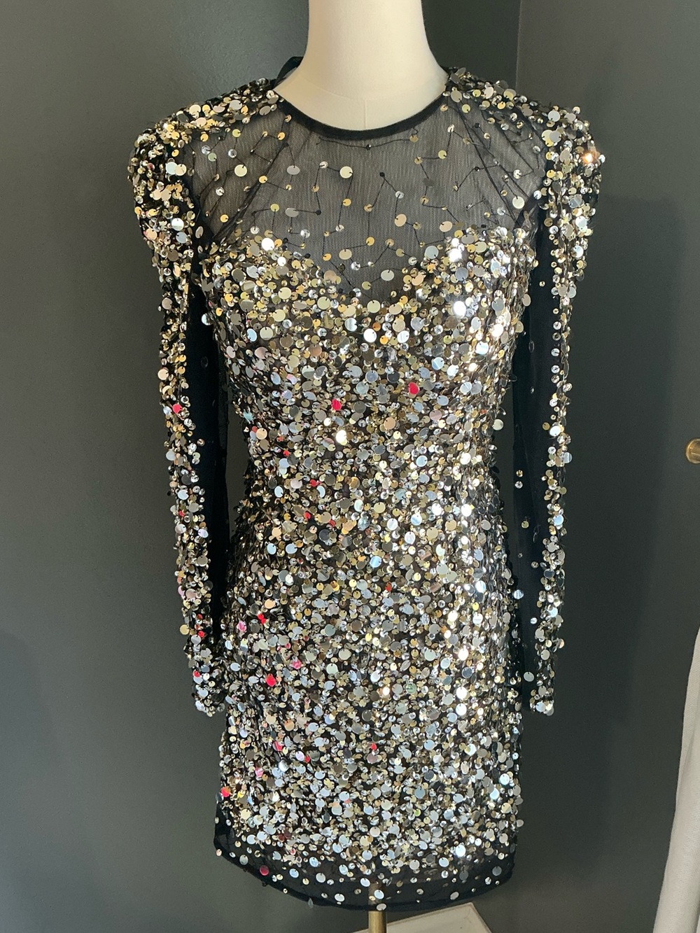 Sherri Hill Black Dress with Gold and Silver Sequins, long sleeve, size 6